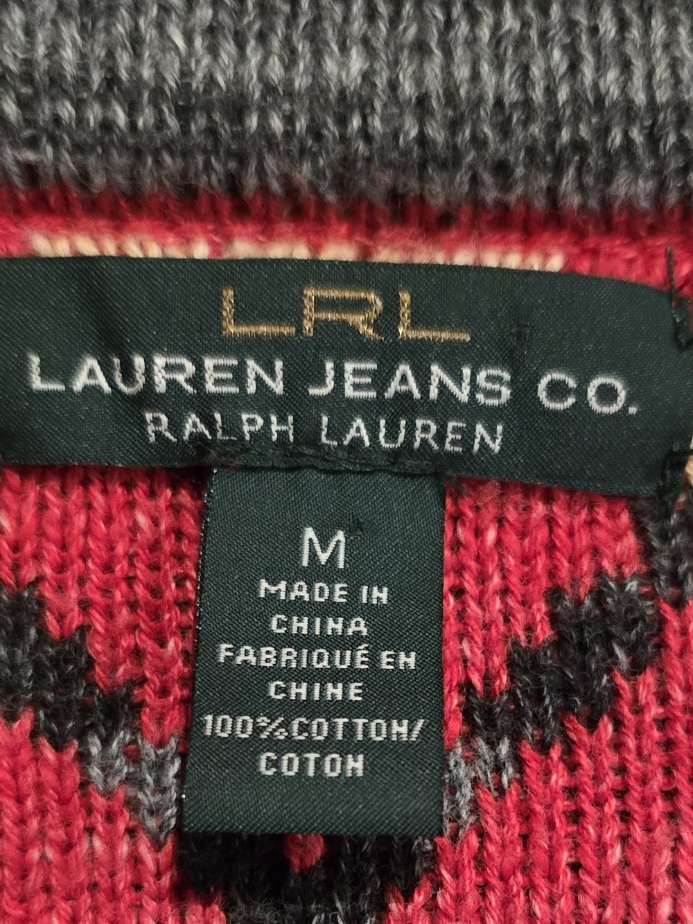 Lauren Ralph Lauren Red and Gray Aztec Shawl-Collar Button Cardigan - Picture 2 of 7